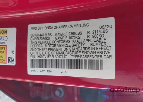 2020 Honda Accord Sport из США, поврежденный, VIN 1HGCV1F32LA097417